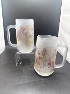 Vintage Rueven Satin Frosted Art Glass Coffee Mugs Watercolor Drip Set of 2